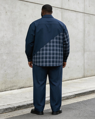 Big & Tall Men’s Navy Blue Diagonal Plaid Patchwork Printed Long-Sleeve Shirt And Pants Set