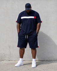 Big & Tall Men's Navy Blue White Red Contrast Striped Printed Crew Neck Short Sleeve T-shirt Shorts Set