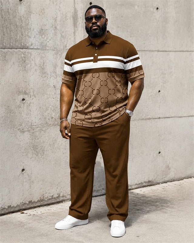 Big & Tall Men's Brown And White Horizontal Pattern Printed Polo Short Sleeve Pants Set