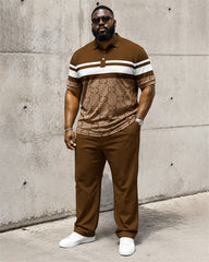 Big & Tall Men's Brown And White Horizontal Pattern Printed Polo Short Sleeve Pants Set