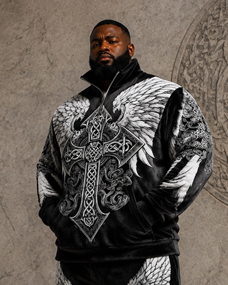 Big & Tall Men's Double Eagle Celtic Cross Print Half Zip Sweat Set