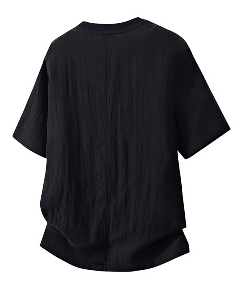 L-9XL Solid Color Striped Double-sided Cotton Round Neck Short Sleeve T-shirt