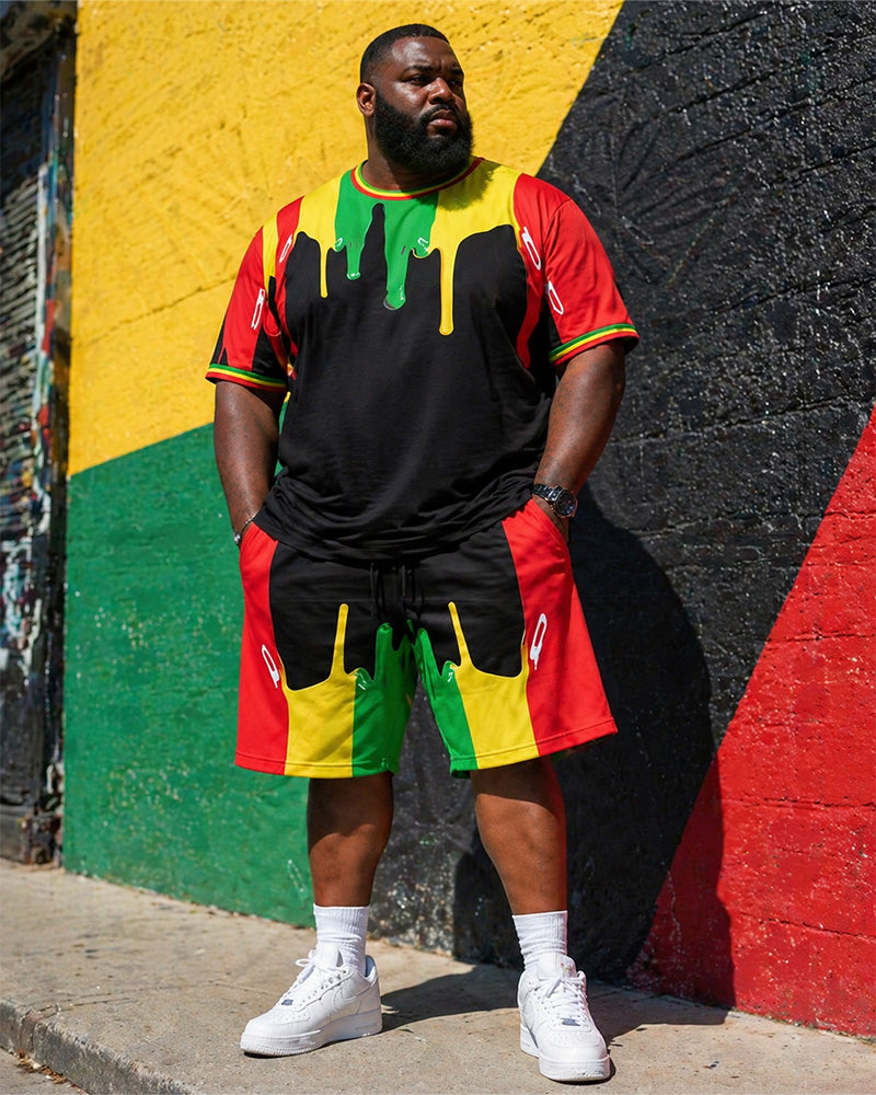 Big & Tall Men's Reggae Color Matching Drop Stitching Printed Crewneck Short Sleeve T-Shirt Shorts Set