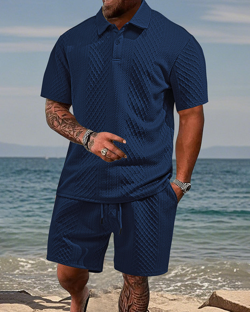 S-5XL Jacquard Men's Casual Sports Lapel Polo Shirt Short Sleeve Suit