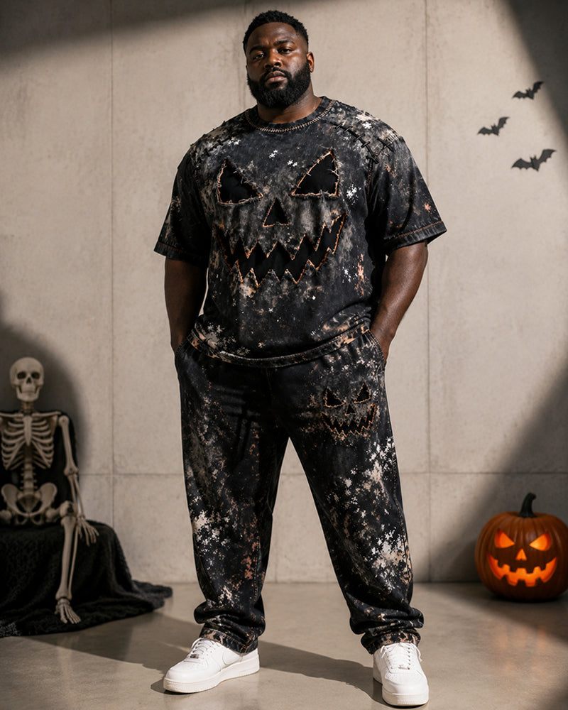 Big & Tall Men's Halloween Hole Pumpkin Face Printed T-Shirt Pants Set