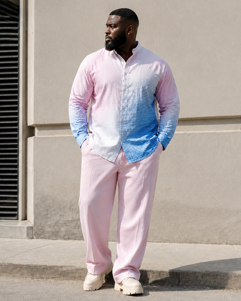 Big & Tall Men's Pink Blue Gradient Striped Print Stand Collar Long Sleeve Shirt Trousers Set