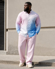 Big & Tall Men's Pink Blue Gradient Striped Print Stand Collar Long Sleeve Shirt Trousers Set