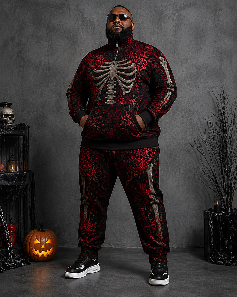 Big & Tall Men's Halloween Rose Skull Print Half Zip Sweat Set