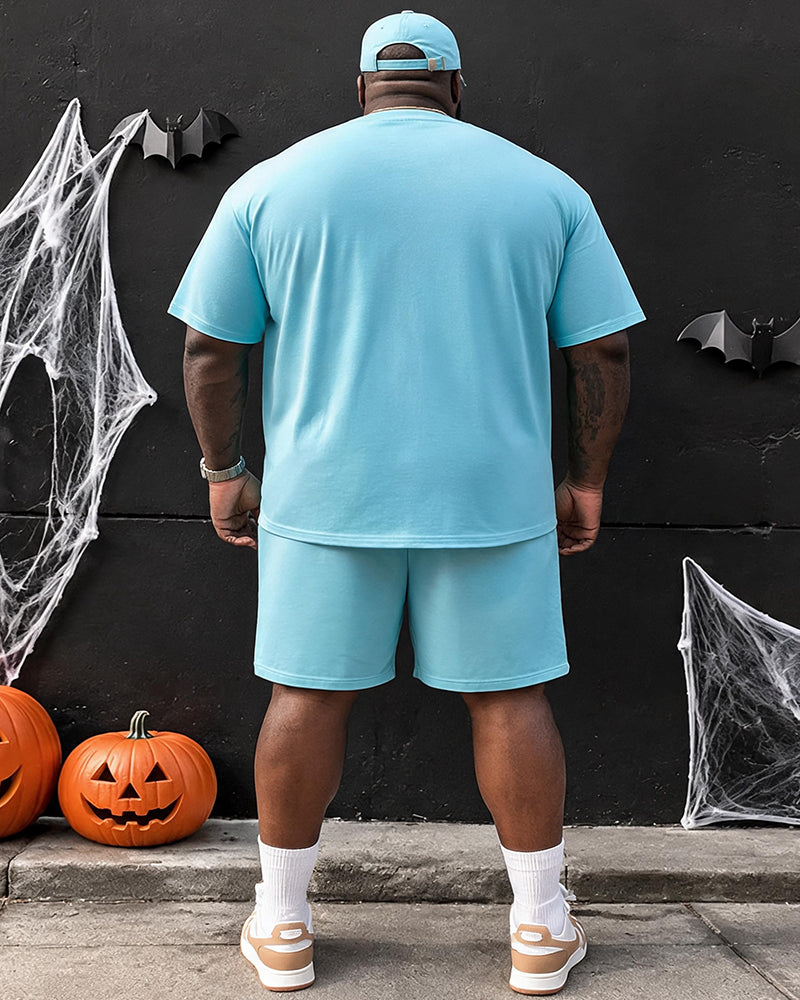 Big & Tall Men's Vertical Strip Colorful Stars Pumpkin Halloween Printed Crewneck Short Sleeve T-Shirt Shorts Set
