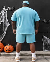 Big & Tall Men's Vertical Strip Colorful Stars Pumpkin Halloween Printed Crewneck Short Sleeve T-Shirt Shorts Set