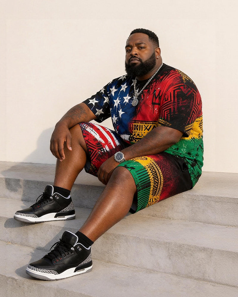 Big & Tall Men's Reggae Color African Totem American Flag Print Round Neck Short Sleeve T-Shirt Shorts Set