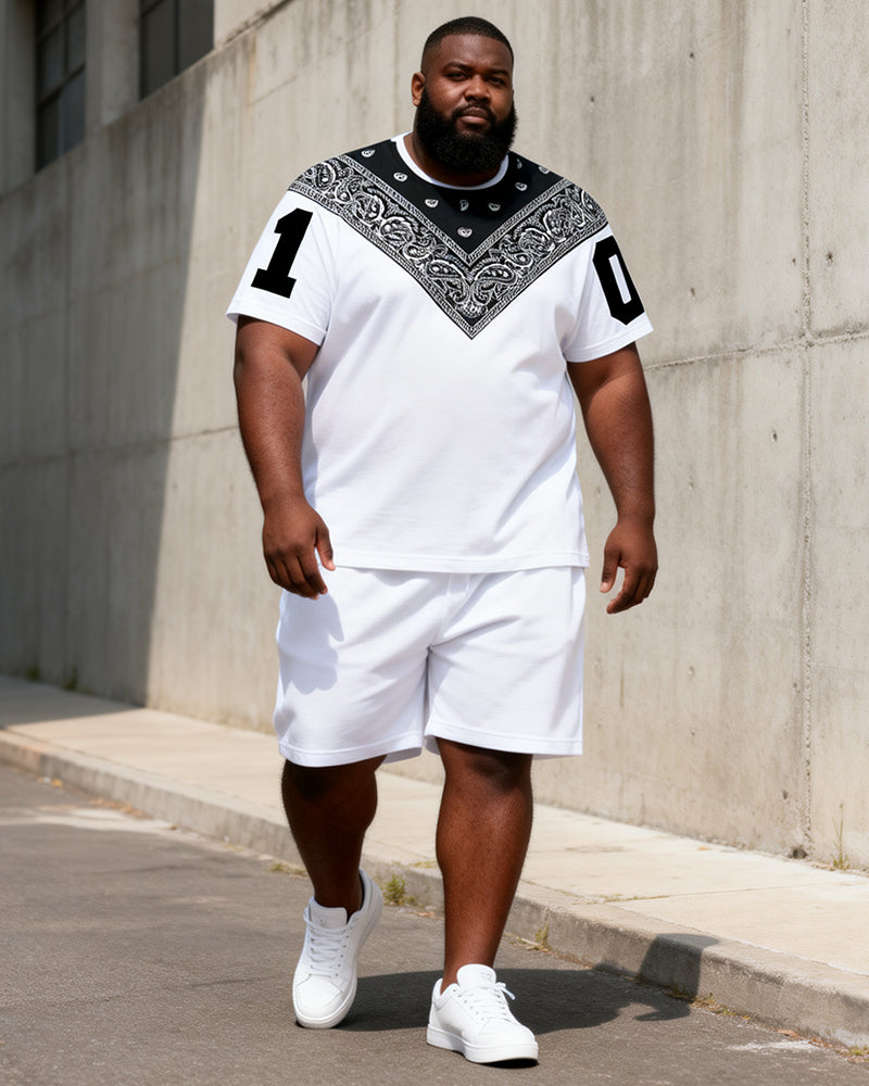 Big & Tall Men's Paisley Triangle Patchwork Printed Round Neck Short Sleeve T-Shirt Shorts Set