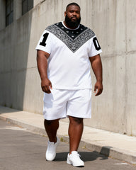 Big & Tall Men's Paisley Triangle Patchwork Printed Round Neck Short Sleeve T-Shirt Shorts Set