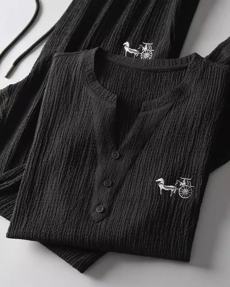 M-4XL Pleated Texture Henley Carriage Embroidered Short Sleeve Pants Set