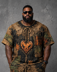 Big & Tall Men's Patch Patchwork Scarecrow Pumpkin Love Printed T-Shirt Pants Set