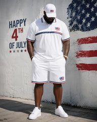 Big & Tall Men's Star-Edge Flag Print POLO Short Sleeve Shorts Set