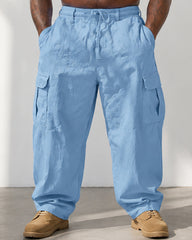 S-3XL Men's Cotton And Linen Overalls Multi-pocket Loose-fit Trousers