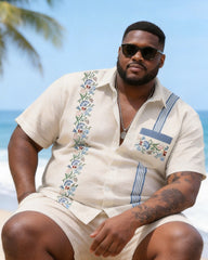 Big & Tall Men's Blue Flower Floral Striped Print Short Sleeve Shirt Shorts Set