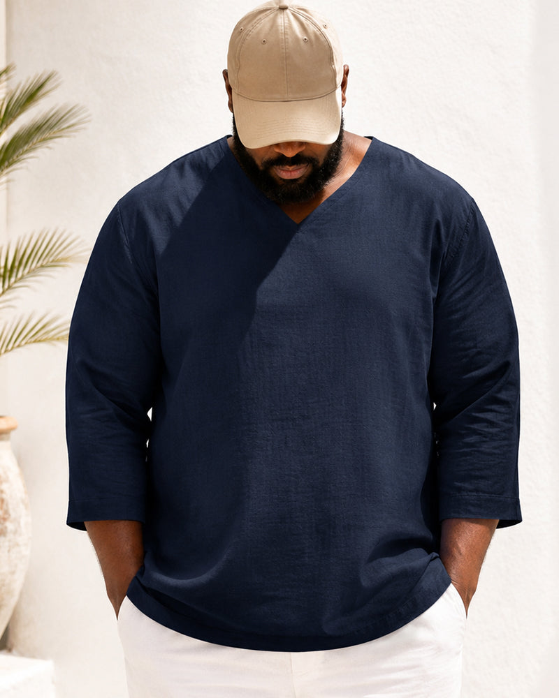 M-4XL Men's Long Sleeve V-Neck Cotton Linen Loose Shirt