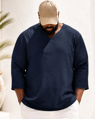M-4XL Men's Long Sleeve V-Neck Cotton Linen Loose Shirt