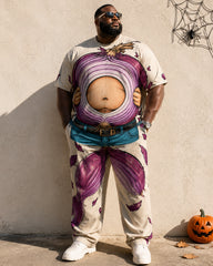 Big & Tall Men's Creative Onion Fake Belly Printed T-Shirt Pants Set