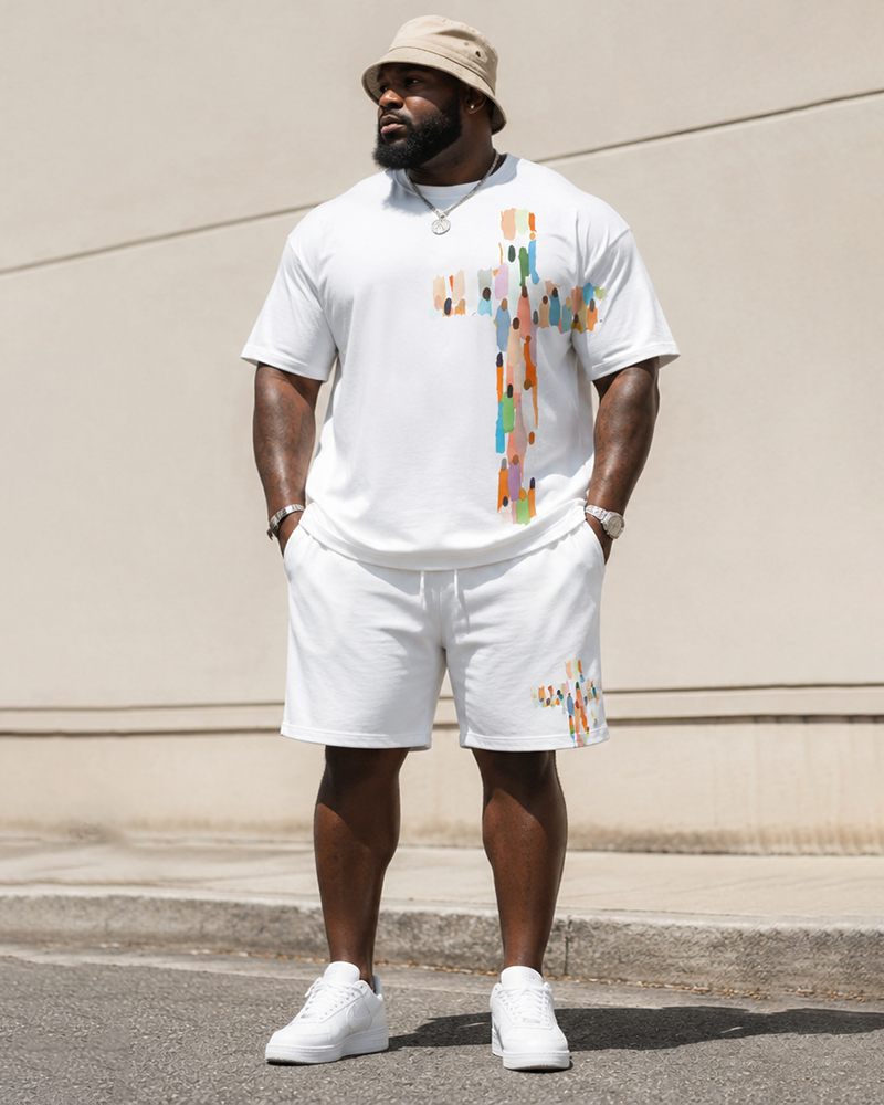 Big & Tall Men's Faith Crowd Silhouette Cross Printed Crewneck Short Sleeve T-Shirt Shorts Set