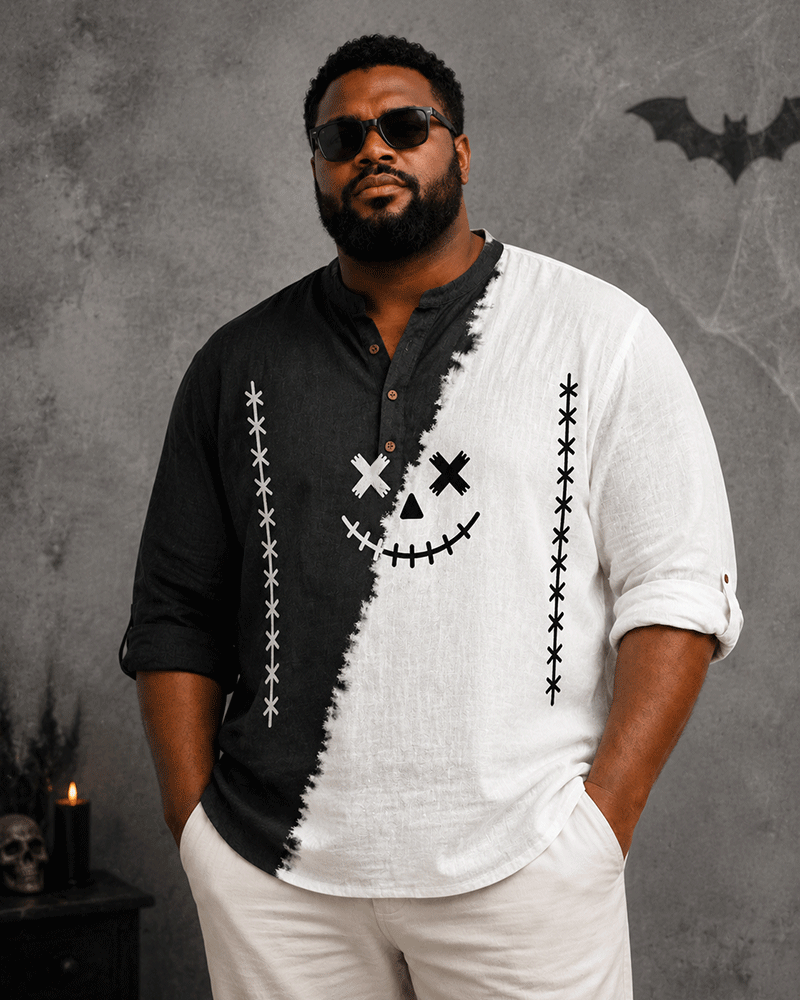 Big & Tall Men's Black And White Half-stitched Pumpkin Stitched Smiley Face Printed Collar Long Sleeve Shirt