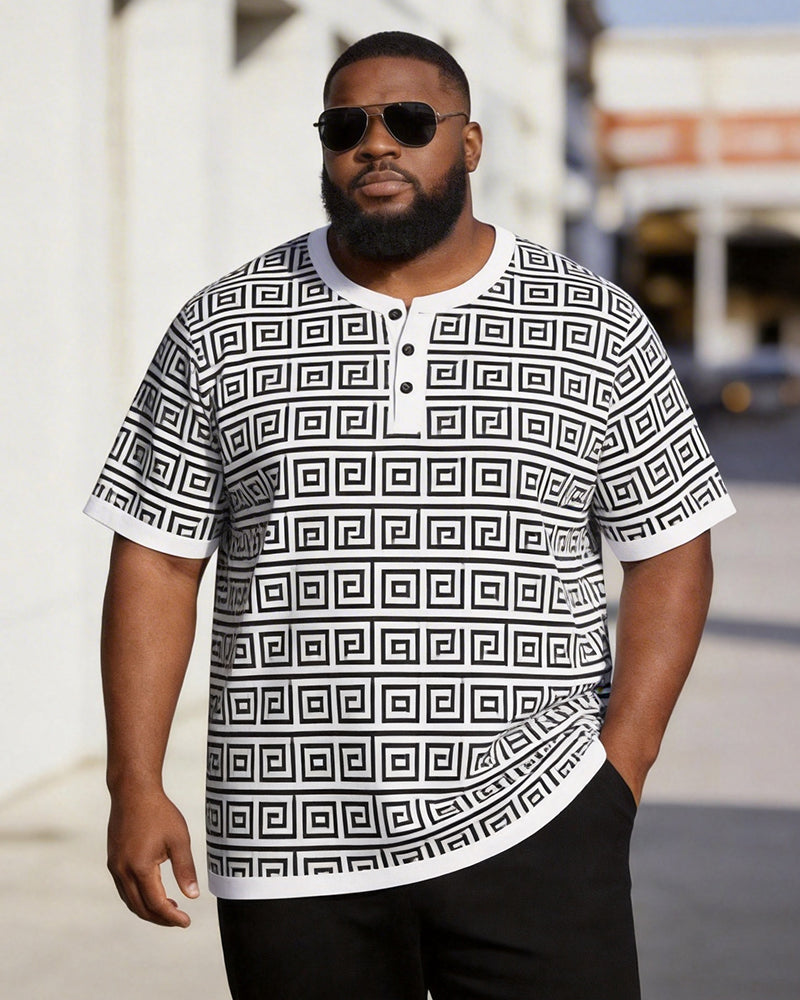 Big & Tall Men's Black And White Print Henley Collar Button Short Sleeve T-shirt