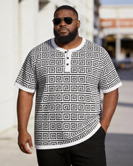 Big & Tall Men's Black And White Print Henley Collar Button Short Sleeve T-shirt