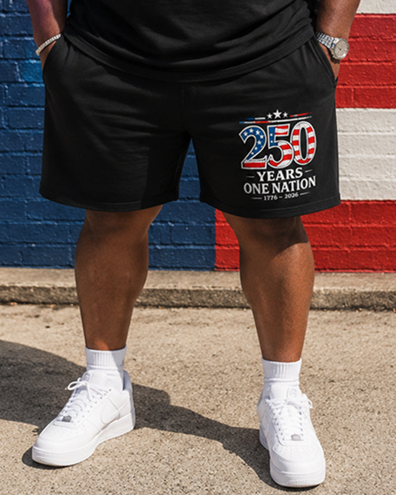 Big & Tall Men's 250 Anniversary Flag Alphabet Print Crewneck Short Sleeve T-Shirt Shorts Set