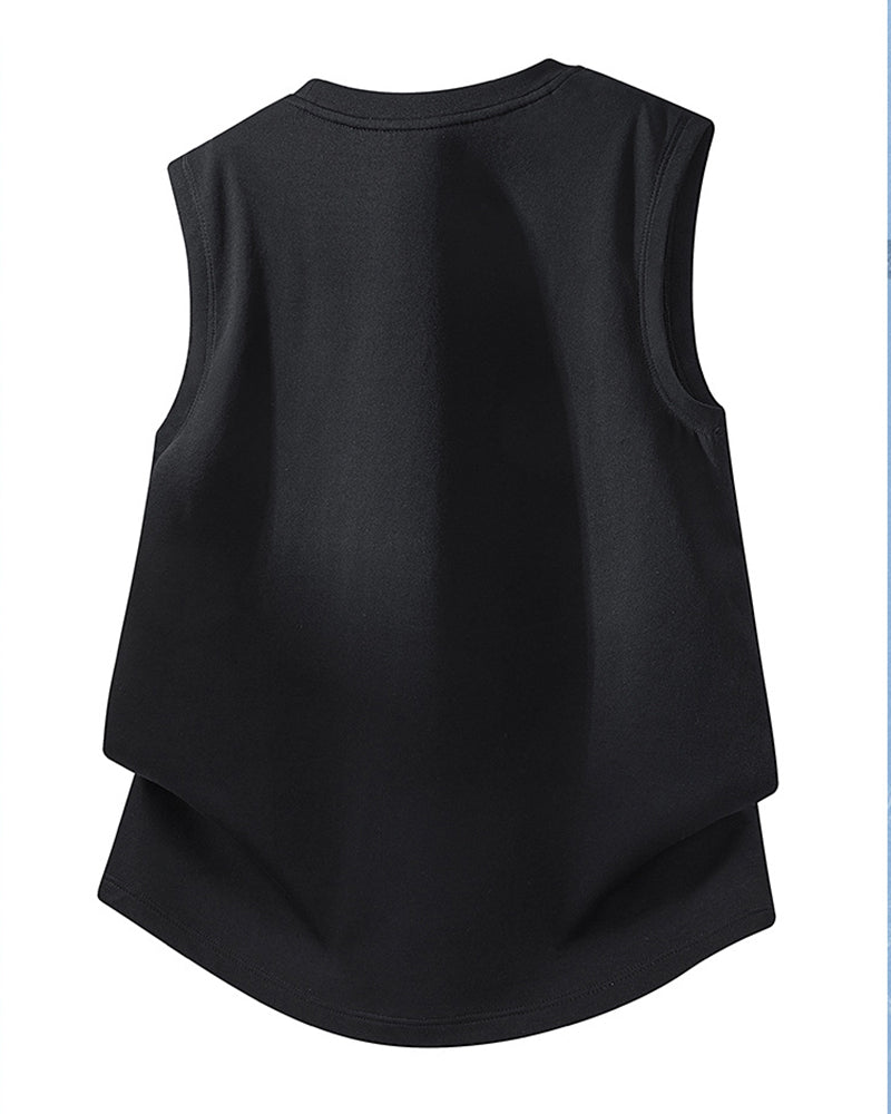 L-9XL Solid Color Heavy Cotton Round Neck Sleeveless Vest