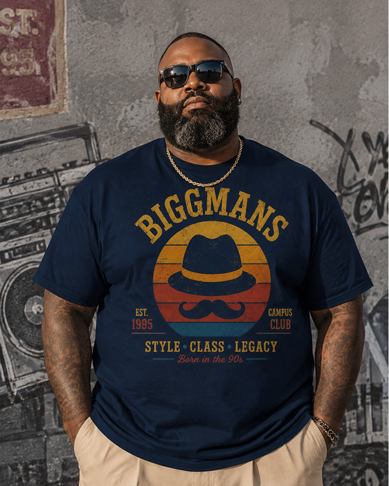 Big & Tall Men's Vintage Sunset Top Hat Beard Printed Round Neck Short Sleeve T-Shirt