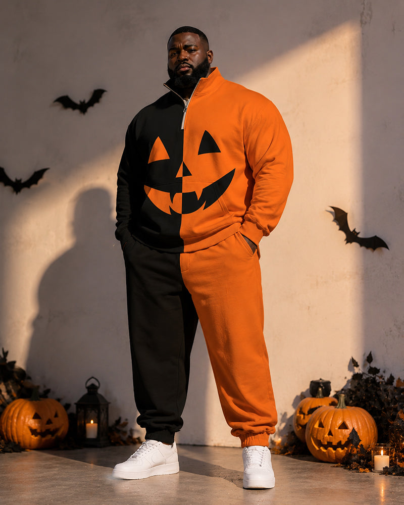 Big & Tall Men's Colored Pumpkin Smiley Print Half-Zip Sweat Set