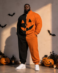 Big & Tall Men's Colored Pumpkin Smiley Print Half-Zip Sweat Set