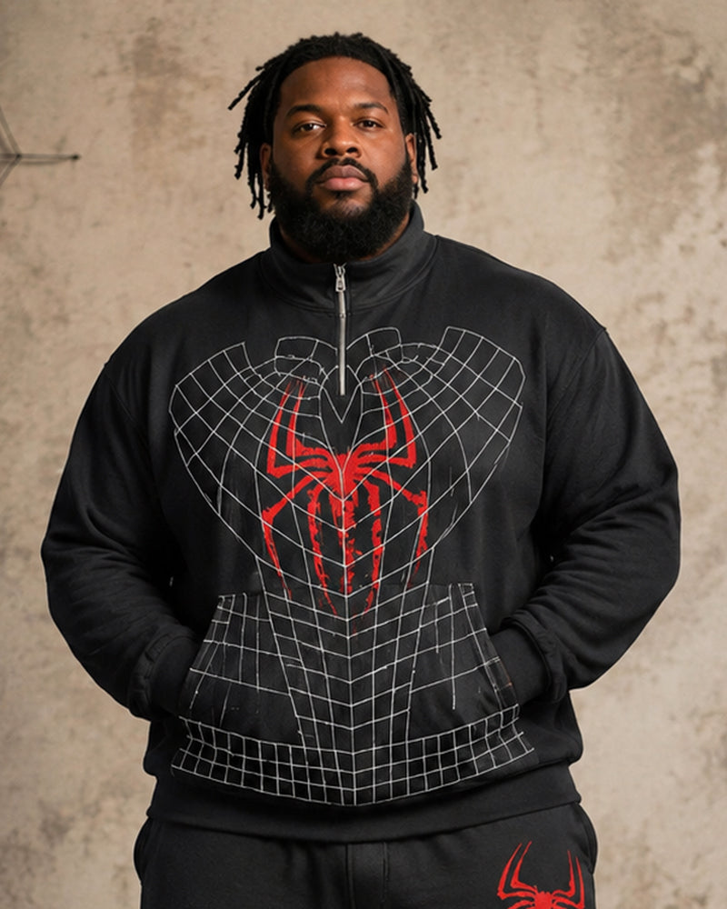 Big & Tall Men’s Halloween Red Spider Web–Print Half-Zip Hoodie Set
