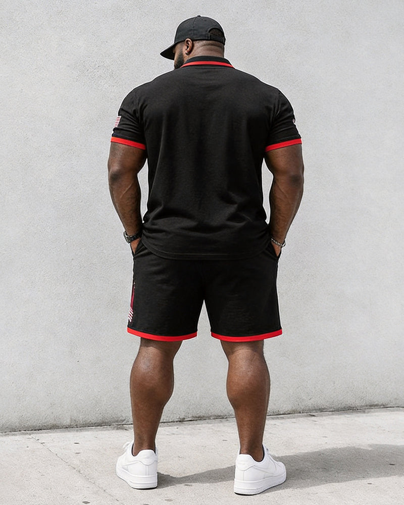 Big & Tall Men's Flag Rocket Print POLO Short Sleeve Shorts Set