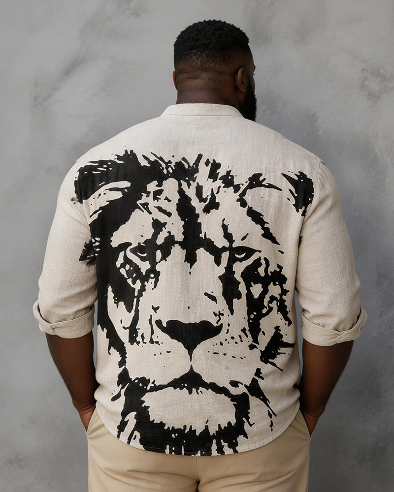 Big & Tall Men's Black And White Splash Ink Lion Head Printed Collar Long Sleeve Shirt