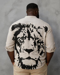 Big & Tall Men's Black And White Splash Ink Lion Head Printed Collar Long Sleeve Shirt