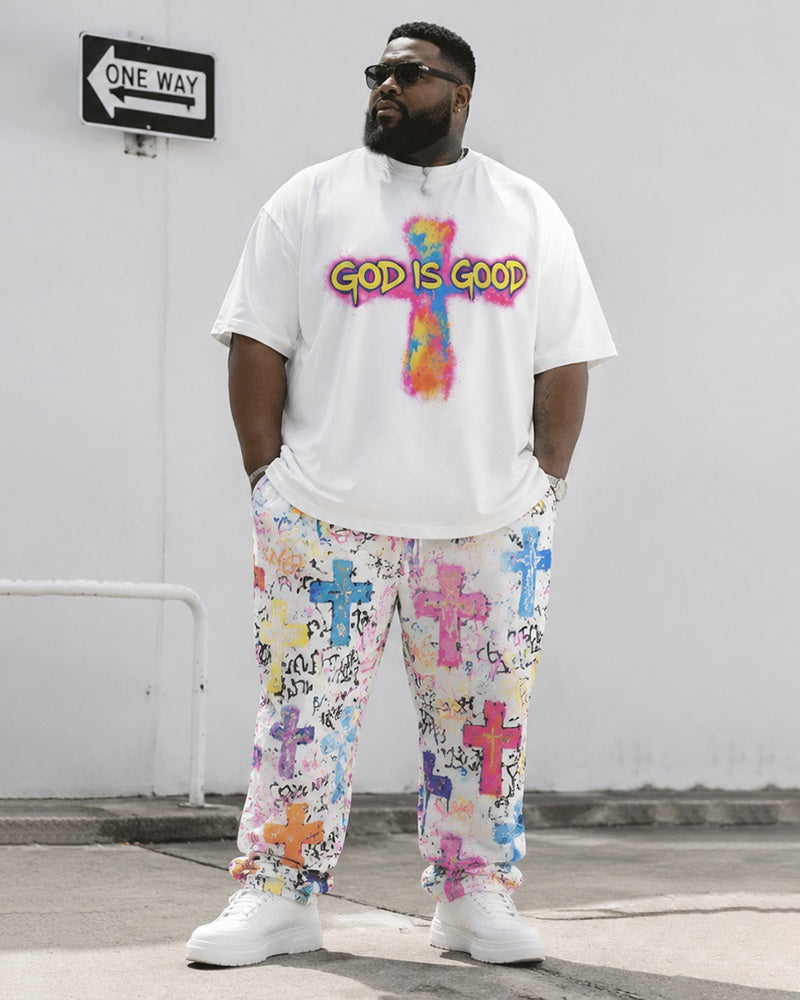 Big & Tall Men's Graffiti GOD IS GOOD Cross Print T-Shirt Trousers Set