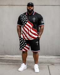 Big & Tall Men's American Flag Cross Print POLO Short Sleeve Shorts Set
