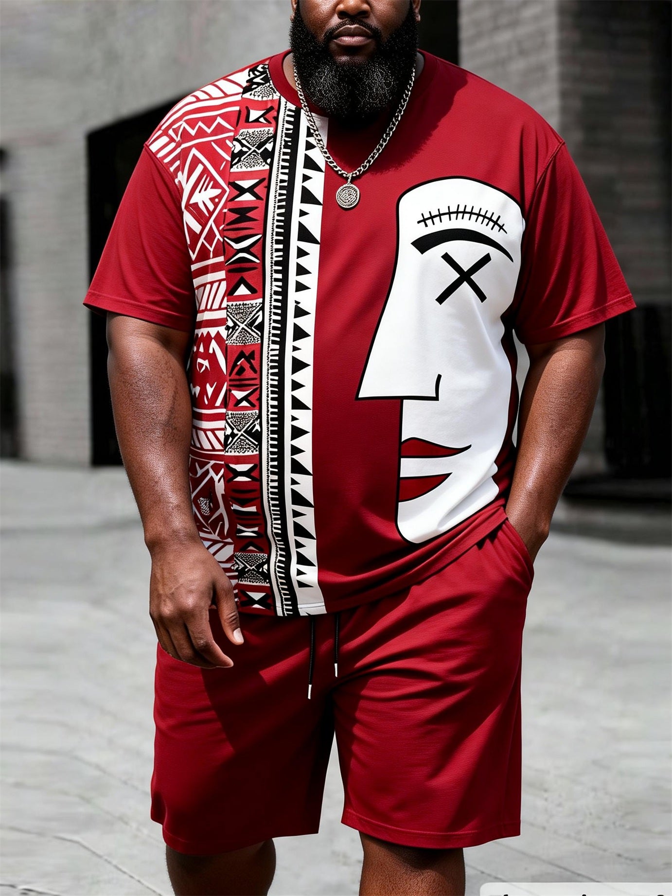Big & Tall Men's Stitching Side Face Abstract Ethnic Style Printing Crewneck Short Sleeve T-shirt Shorts Set
