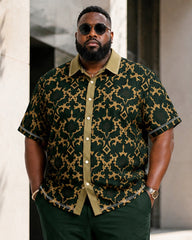 Big & Tall Men's Vintage Baroque Jacquard Print Short Sleeve Shirt Pants Set