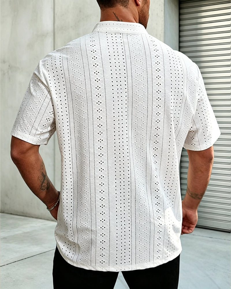 2XL-6XL Solid Color Knitted Water Soluble Jacquard Button Sleeve Men's Shirt