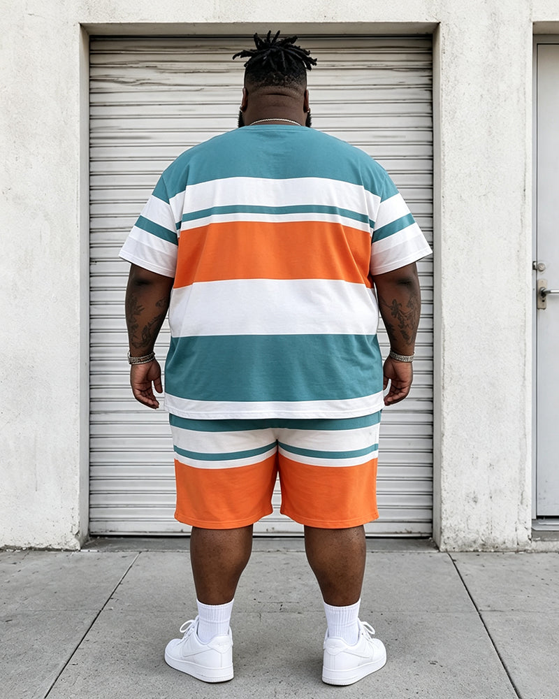 Big & Tall Men's Color Contrast Striped Flying Eagle Printed Crewneck Short Sleeve T-Shirt Shorts Set