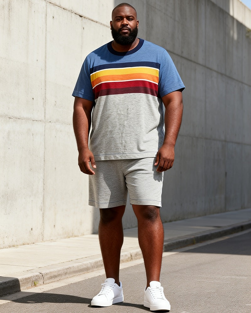 Big & Tall Men's Blue Grey Gradient Rainbow Stripe Printed Round Neck Short Sleeve T-Shirt Shorts Set