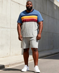 Big & Tall Men's Blue Grey Gradient Rainbow Stripe Printed Round Neck Short Sleeve T-Shirt Shorts Set