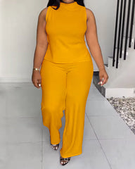 XL-4XL Women's Solid Color Casual Sleeveless Pants Set