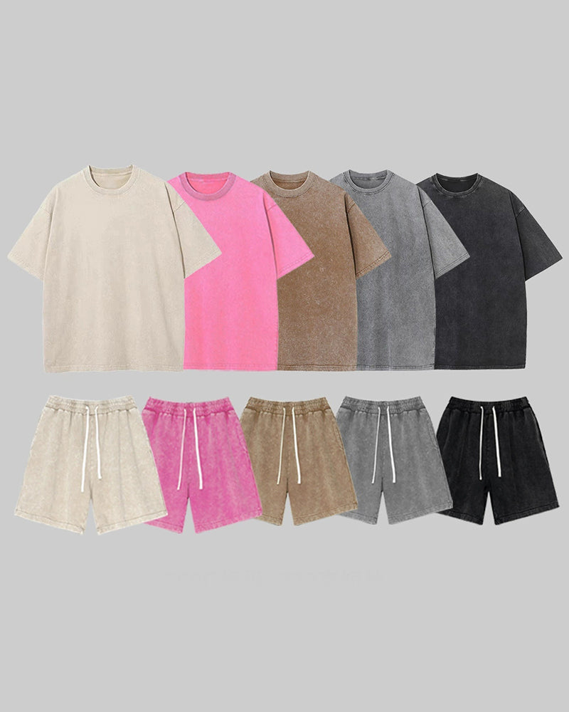 S-3XL Heavyweight Pure Cotton Washed-and-distressed T-shirt And Capri Pants Casual Set