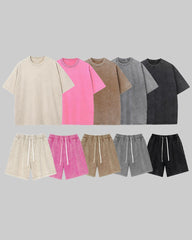 S-3XL Heavyweight Pure Cotton Washed-and-distressed T-shirt And Capri Pants Casual Set