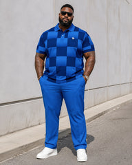 Big & Tall Men's Sapphire Blue Checkerboard Printed Polo Short Sleeve Trousers Set
